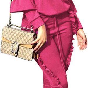 Elegant Puff Sleeve Tracksuit Set for Women - Soft Ruffle Top & Long Pants